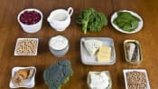 Food sources of calcium including broccoli, beans, spinach, milk, and cheese