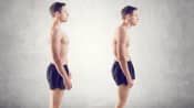 A man standing with good posture, and a man slouched over showing poor posture
