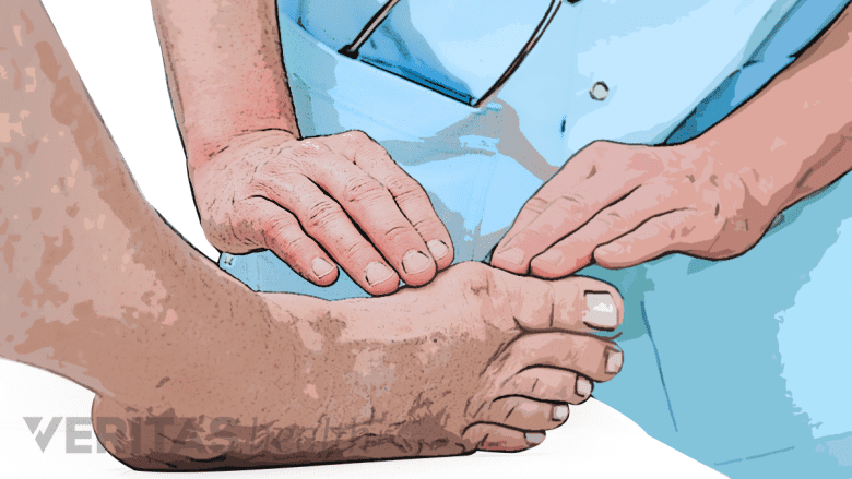 Filtered photo of a physician performing an exam on a patient&#039;s foot.