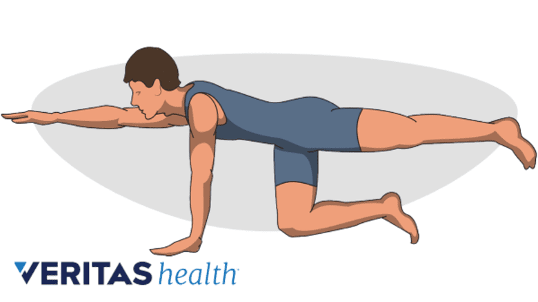 Profile view of man doing a plank bird dog stretch.