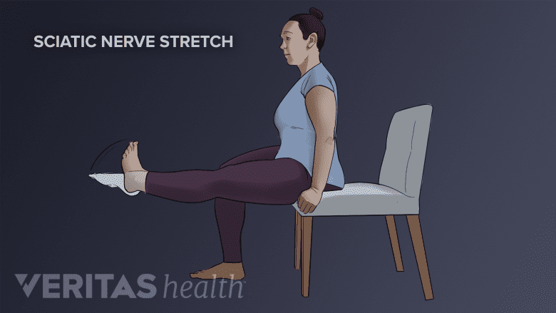 Woman seated in a chair doing a sciatic nerve stretch